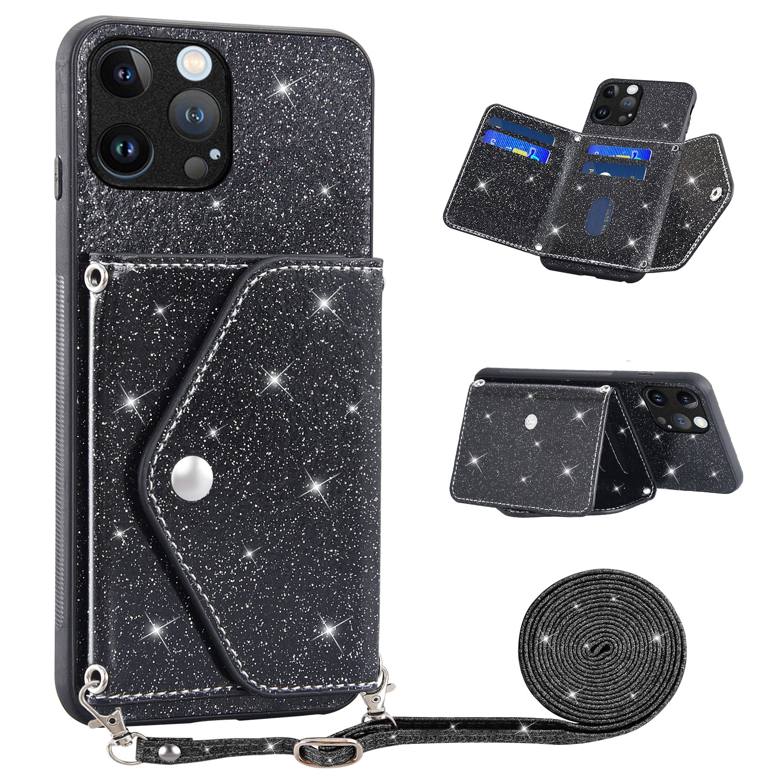 Triangle Card Holder Case for iPhone 13 Pro 6.1 inch Anti-fall Kickstand PU Leather+TPU Phone Cover