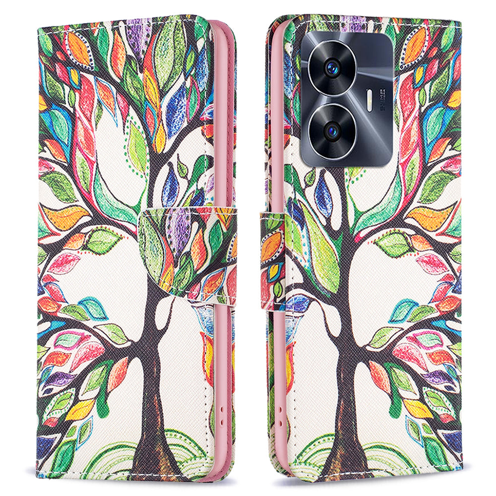 For Realme C55 Pattern Printing Phone Case Full Protection PU Leather Wallet Shell with Stand