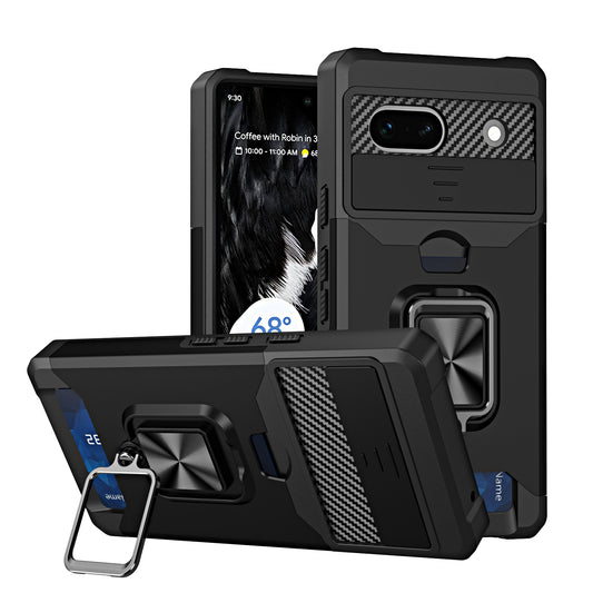 For Google Pixel 7a Card Holder Kickstand Phone Case PC+TPU Hybrid Cover with Slide Camera Lid