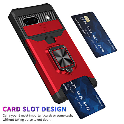 For Google Pixel 7a Card Holder Kickstand Phone Case PC+TPU Hybrid Cover with Slide Camera Lid