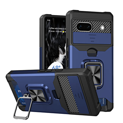 For Google Pixel 7a Card Holder Kickstand Phone Case PC+TPU Hybrid Cover with Slide Camera Lid