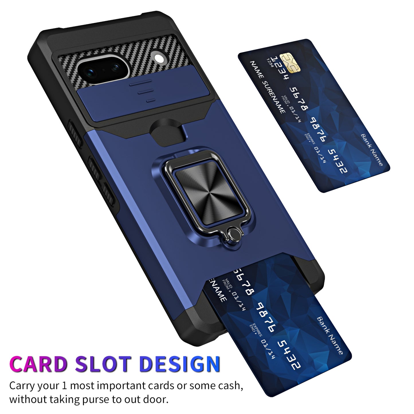 For Google Pixel 7a Card Holder Kickstand Phone Case PC+TPU Hybrid Cover with Slide Camera Lid