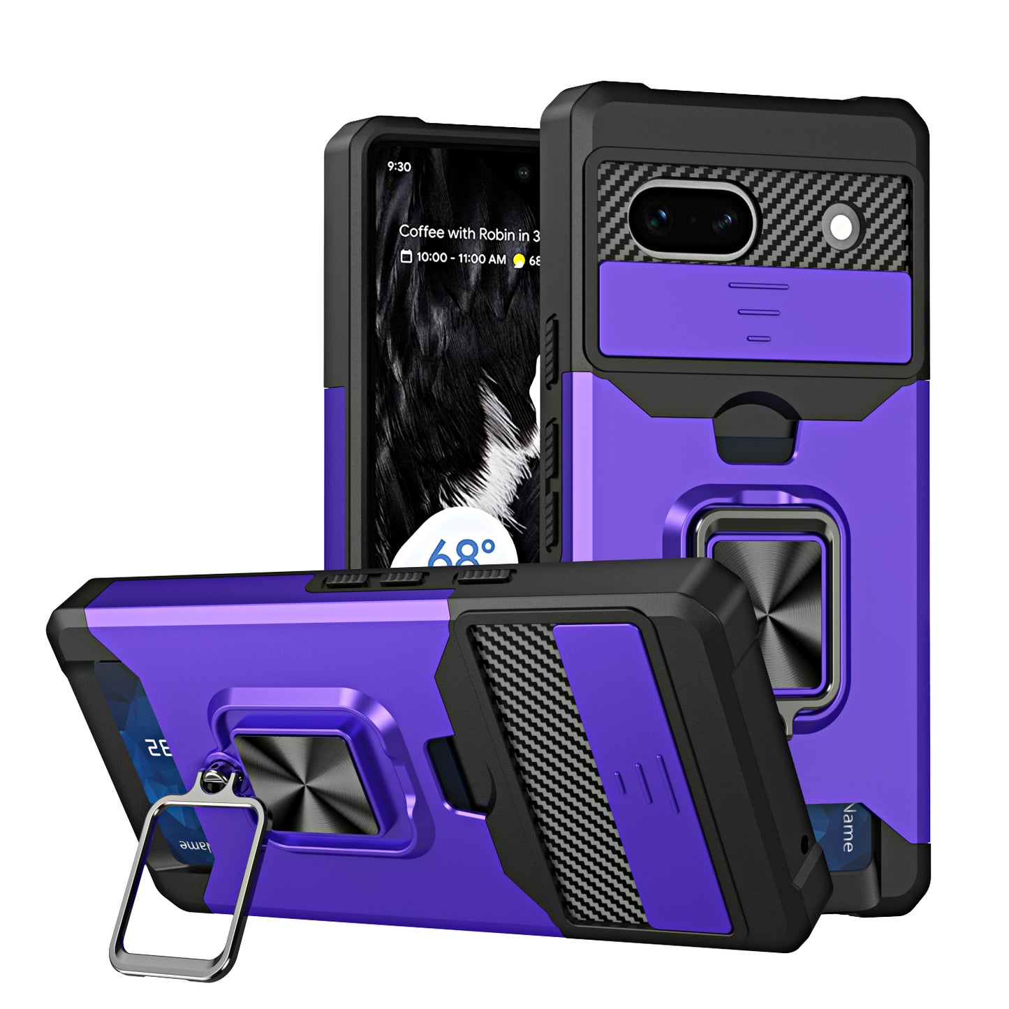 For Google Pixel 7a Card Holder Kickstand Phone Case PC+TPU Hybrid Cover with Slide Camera Lid