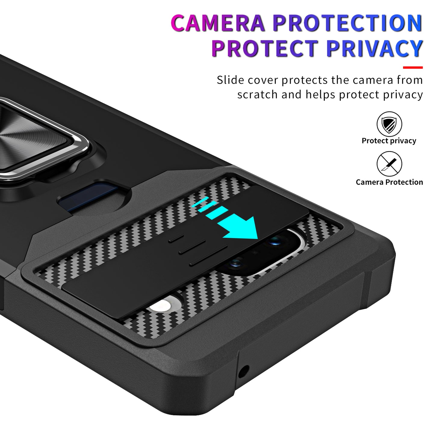 For Google Pixel 7a Card Holder Kickstand Phone Case PC+TPU Hybrid Cover with Slide Camera Lid