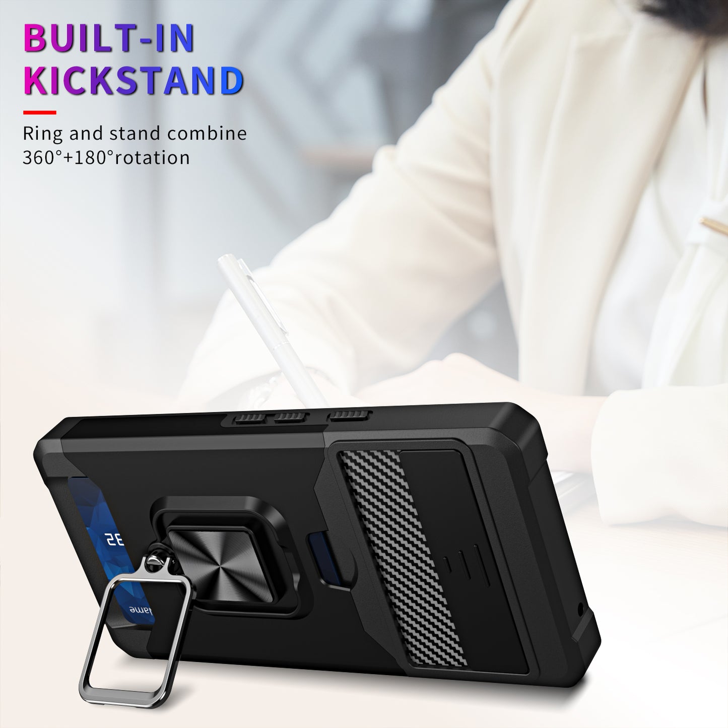 For Google Pixel 7a Card Holder Kickstand Phone Case PC+TPU Hybrid Cover with Slide Camera Lid