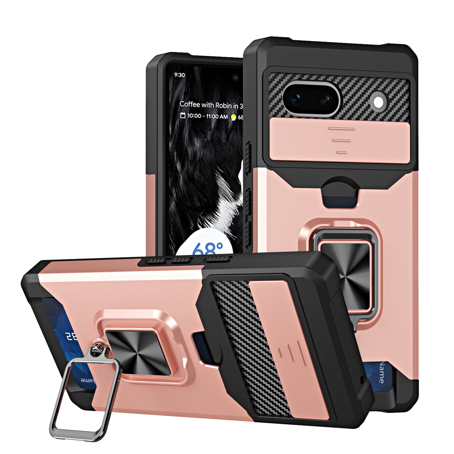 For Google Pixel 7a Card Holder Kickstand Phone Case PC+TPU Hybrid Cover with Slide Camera Lid