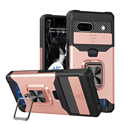 For Google Pixel 7a Card Holder Kickstand Phone Case PC+TPU Hybrid Cover with Slide Camera Lid