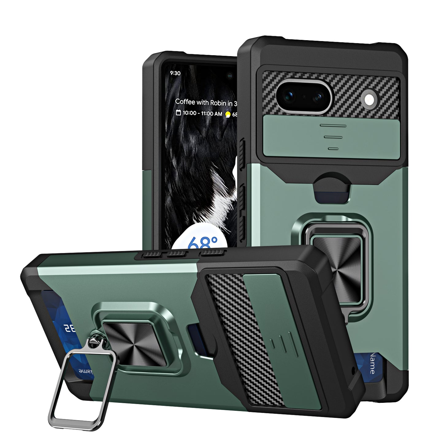 For Google Pixel 7a Card Holder Kickstand Phone Case PC+TPU Hybrid Cover with Slide Camera Lid