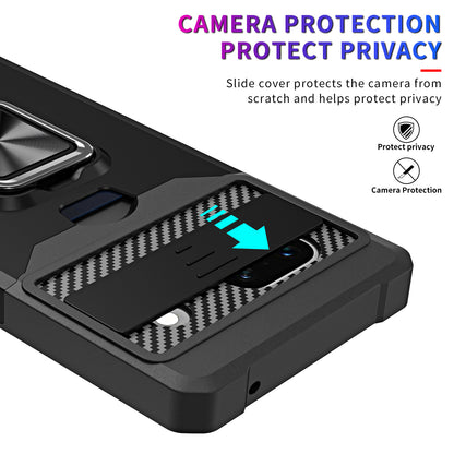 For Google Pixel 7a Card Holder Kickstand Phone Case PC+TPU Hybrid Cover with Slide Camera Lid