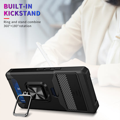 For Google Pixel 7a Card Holder Kickstand Phone Case PC+TPU Hybrid Cover with Slide Camera Lid