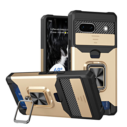 For Google Pixel 7a Card Holder Kickstand Phone Case PC+TPU Hybrid Cover with Slide Camera Lid