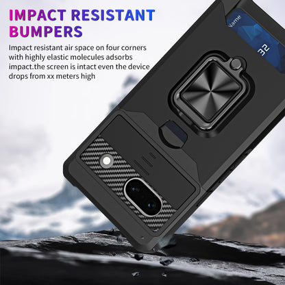 For Google Pixel 7a Card Holder Kickstand Phone Case PC+TPU Hybrid Cover with Slide Camera Lid