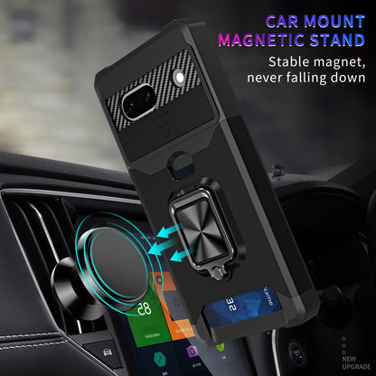 For Google Pixel 7a Card Holder Kickstand Phone Case PC+TPU Hybrid Cover with Slide Camera Lid