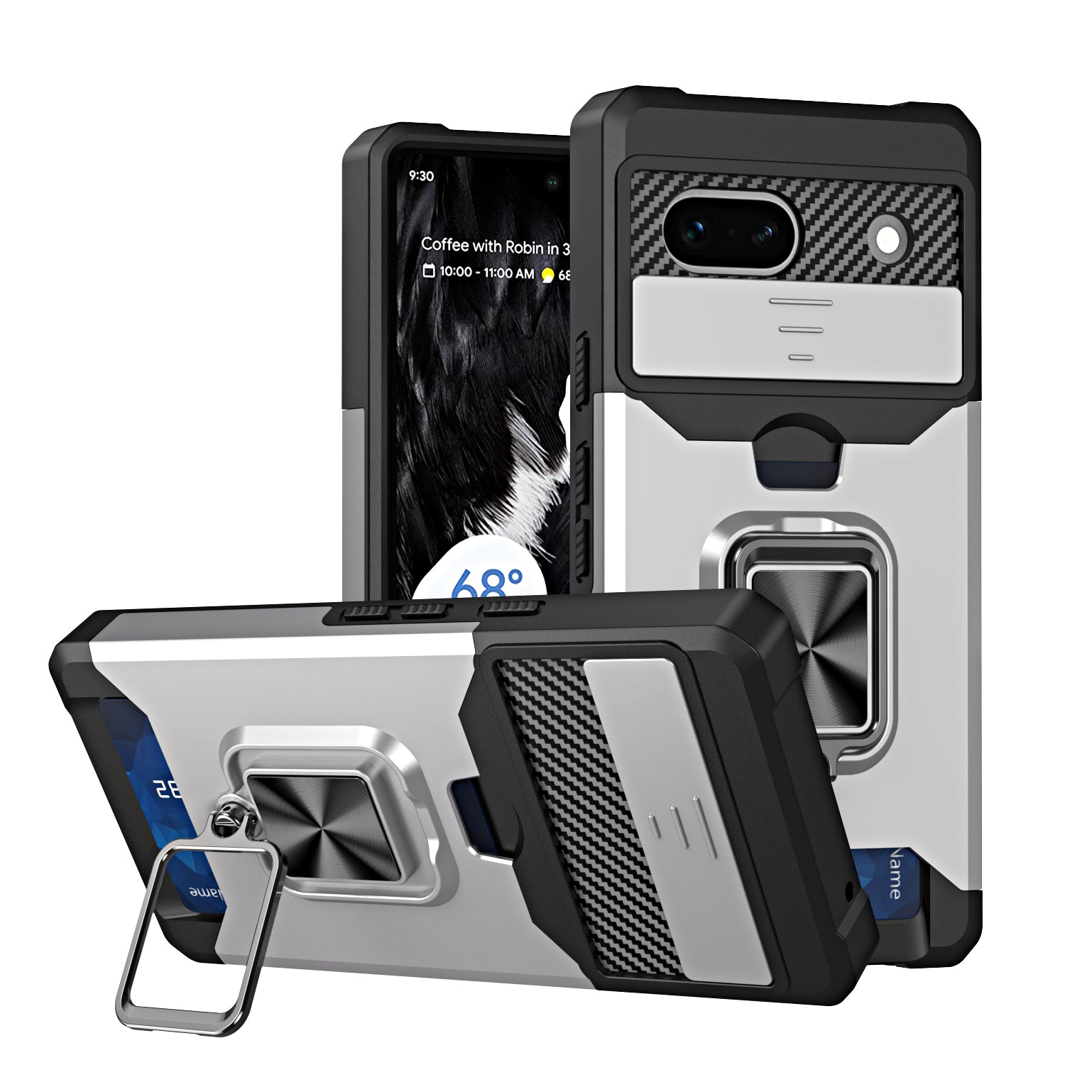 For Google Pixel 7a Card Holder Kickstand Phone Case PC+TPU Hybrid Cover with Slide Camera Lid