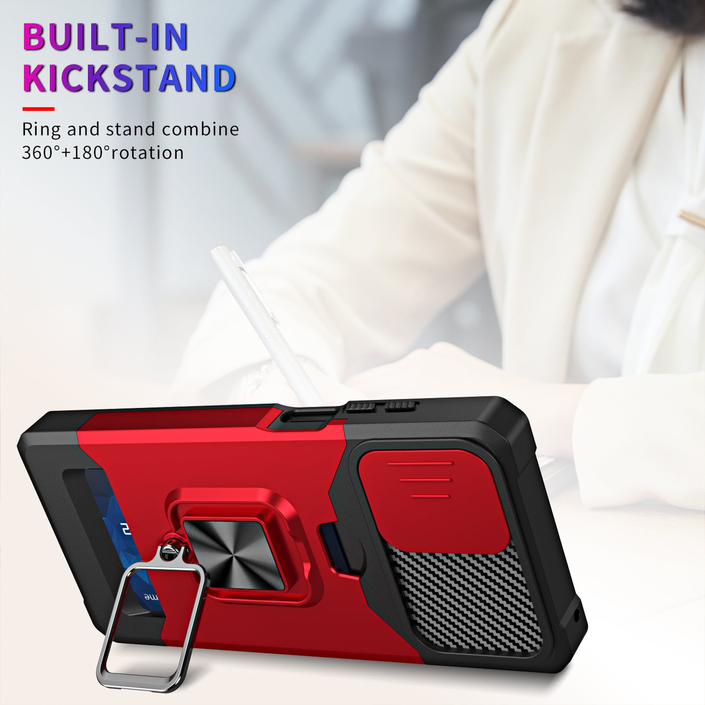 For Motorola Moto G Stylus 5G (2023) PC+TPU Shockproof Cover Card Holder Kickstand Phone Case with Slide Camera Lid