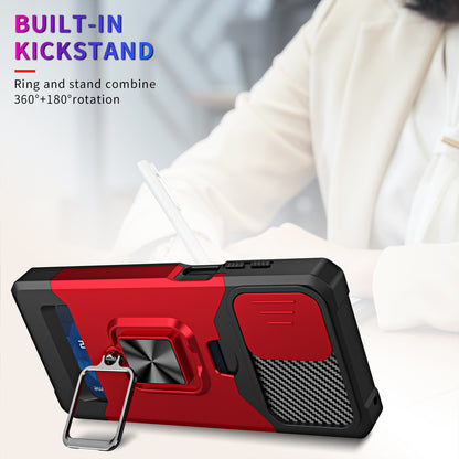 For Motorola Moto G Stylus 5G (2023) PC+TPU Shockproof Cover Card Holder Kickstand Phone Case with Slide Camera Lid