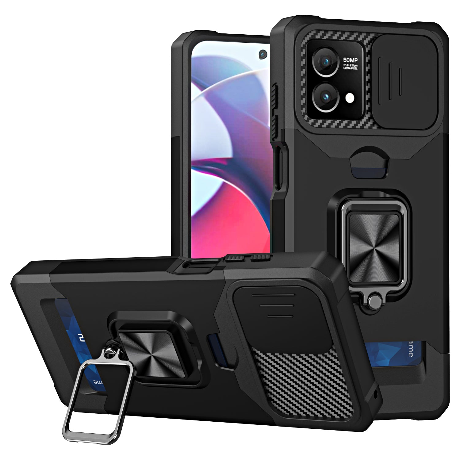 For Motorola Moto G Stylus 5G (2023) PC+TPU Shockproof Cover Card Holder Kickstand Phone Case with Slide Camera Lid
