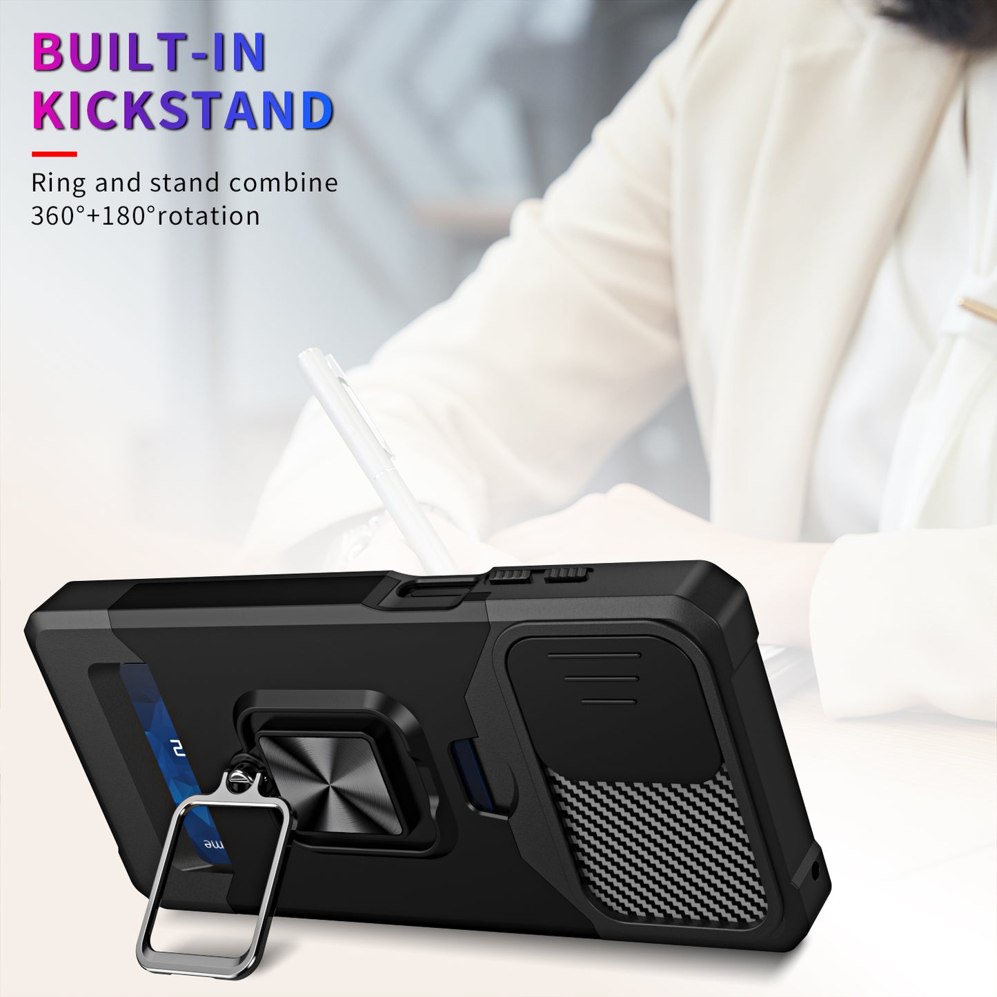 For Motorola Moto G Stylus 5G (2023) PC+TPU Shockproof Cover Card Holder Kickstand Phone Case with Slide Camera Lid