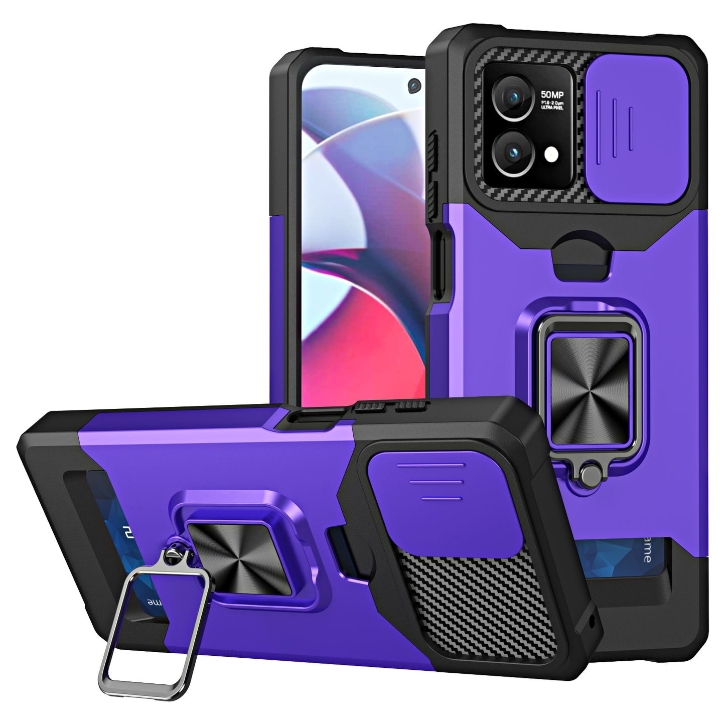 For Motorola Moto G Stylus 5G (2023) PC+TPU Shockproof Cover Card Holder Kickstand Phone Case with Slide Camera Lid