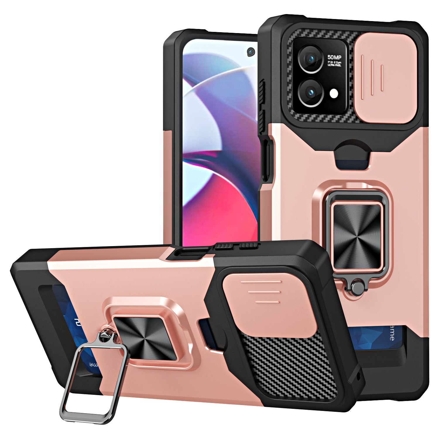 For Motorola Moto G Stylus 5G (2023) PC+TPU Shockproof Cover Card Holder Kickstand Phone Case with Slide Camera Lid