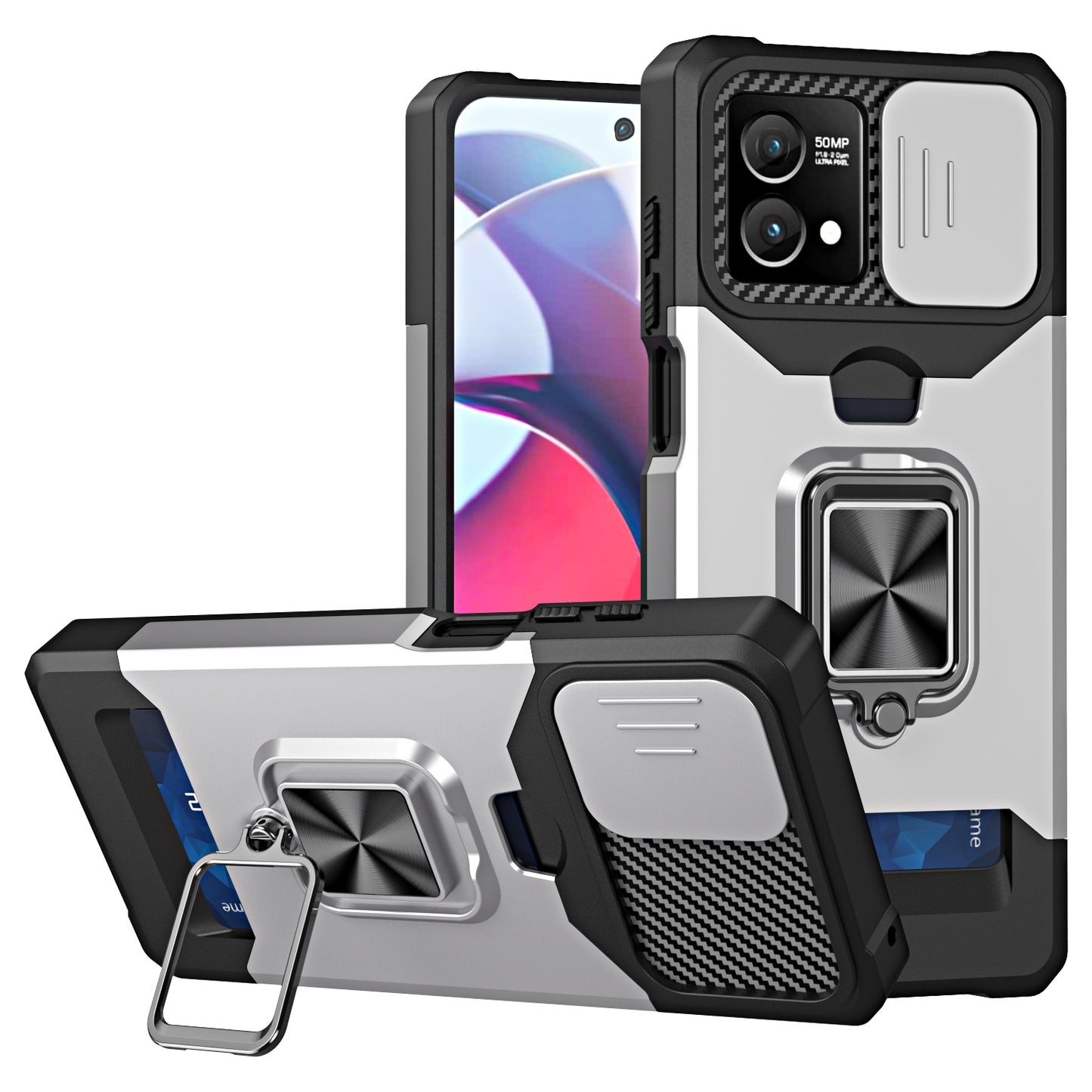 For Motorola Moto G Stylus 5G (2023) PC+TPU Shockproof Cover Card Holder Kickstand Phone Case with Slide Camera Lid