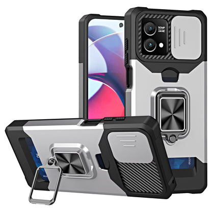 For Motorola Moto G Stylus 5G (2023) PC+TPU Shockproof Cover Card Holder Kickstand Phone Case with Slide Camera Lid