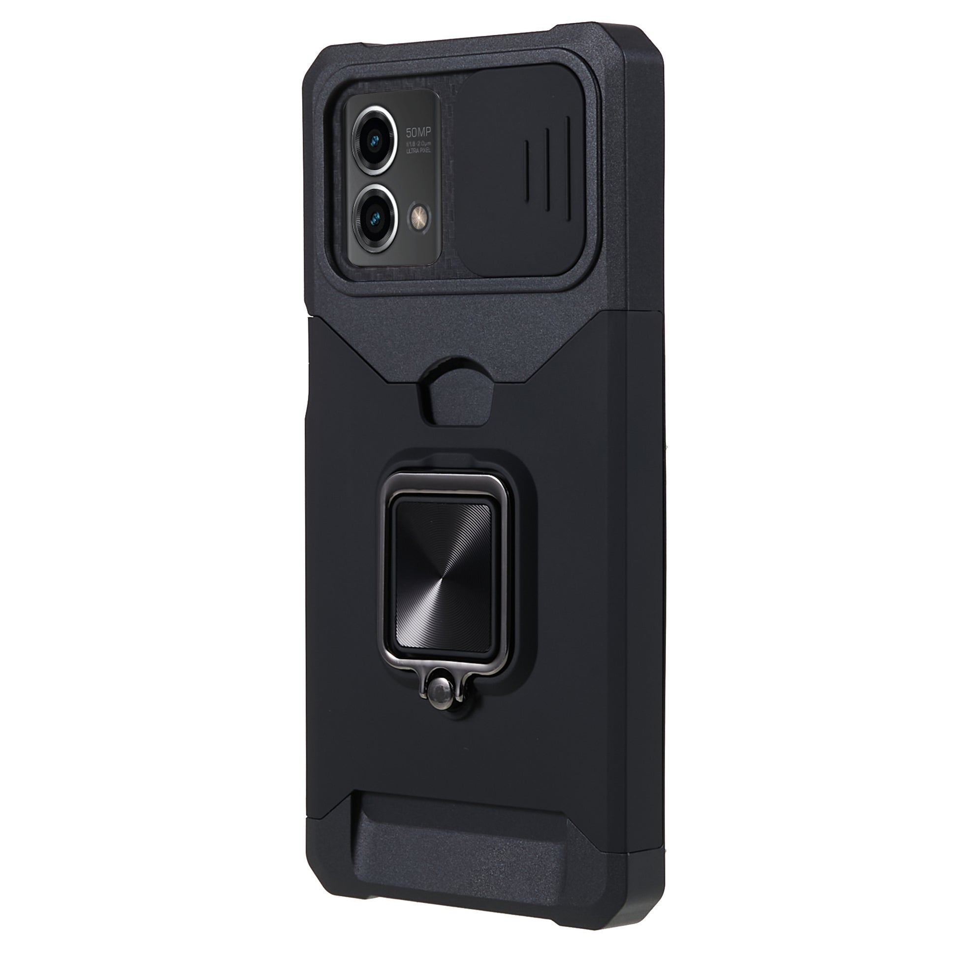 For Motorola Moto G 5G (2023) PC+TPU Card Holder Case Kickstand Anti-Scratch Phone Cover with Slide Camera Lid
