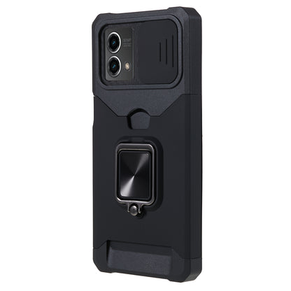 For Motorola Moto G 5G (2023) PC+TPU Card Holder Case Kickstand Anti-Scratch Phone Cover with Slide Camera Lid