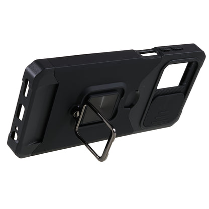 For Motorola Moto G 5G (2023) PC+TPU Card Holder Case Kickstand Anti-Scratch Phone Cover with Slide Camera Lid