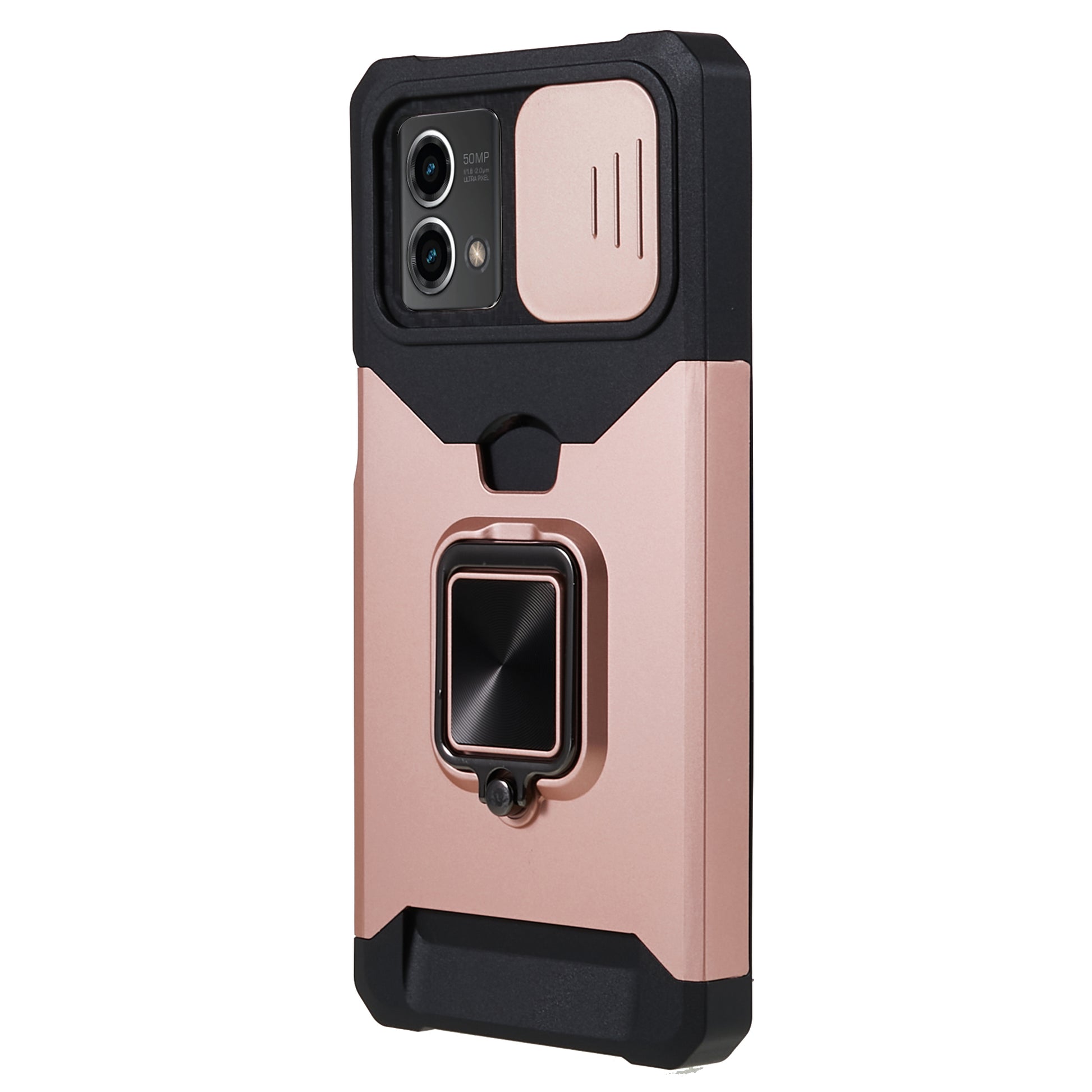 For Motorola Moto G 5G (2023) PC+TPU Card Holder Case Kickstand Anti-Scratch Phone Cover with Slide Camera Lid