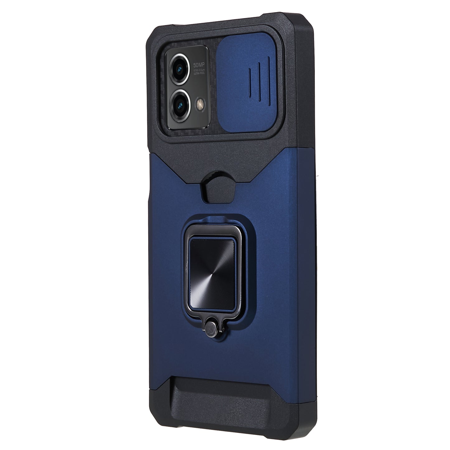 For Motorola Moto G 5G (2023) PC+TPU Card Holder Case Kickstand Anti-Scratch Phone Cover with Slide Camera Lid