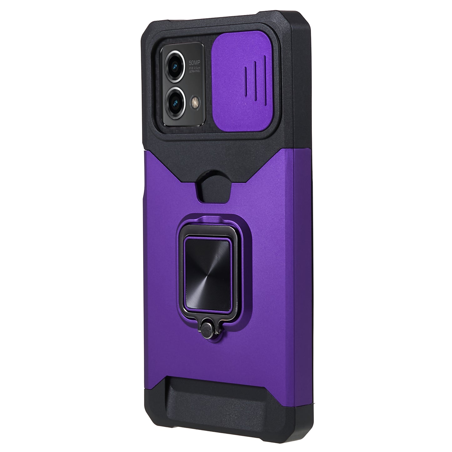 For Motorola Moto G 5G (2023) PC+TPU Card Holder Case Kickstand Anti-Scratch Phone Cover with Slide Camera Lid