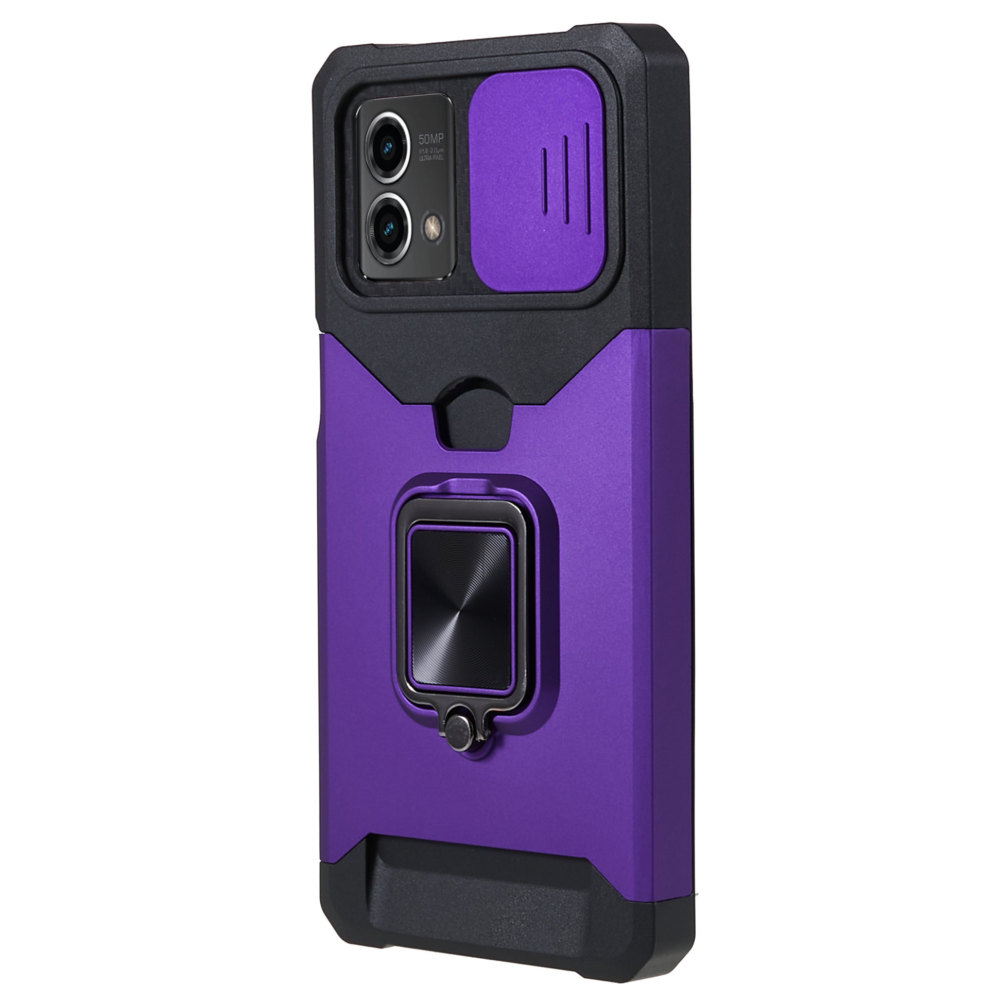 For Motorola Moto G 5G (2023) PC+TPU Card Holder Case Kickstand Anti-Scratch Phone Cover with Slide Camera Lid