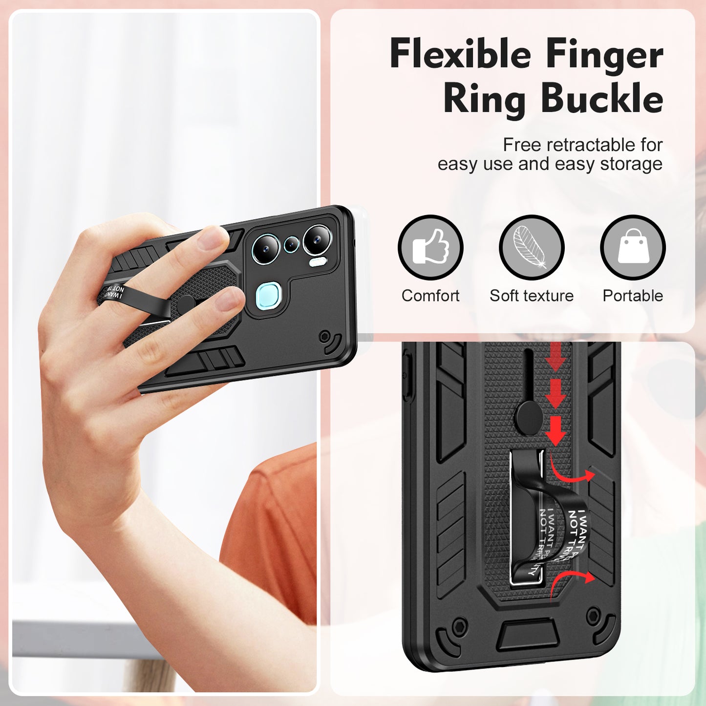 For Infinix Hot 20i 4G Kickstand Phone Case TPU+PC Protective Cover with Secure Silicone Ring Strap
