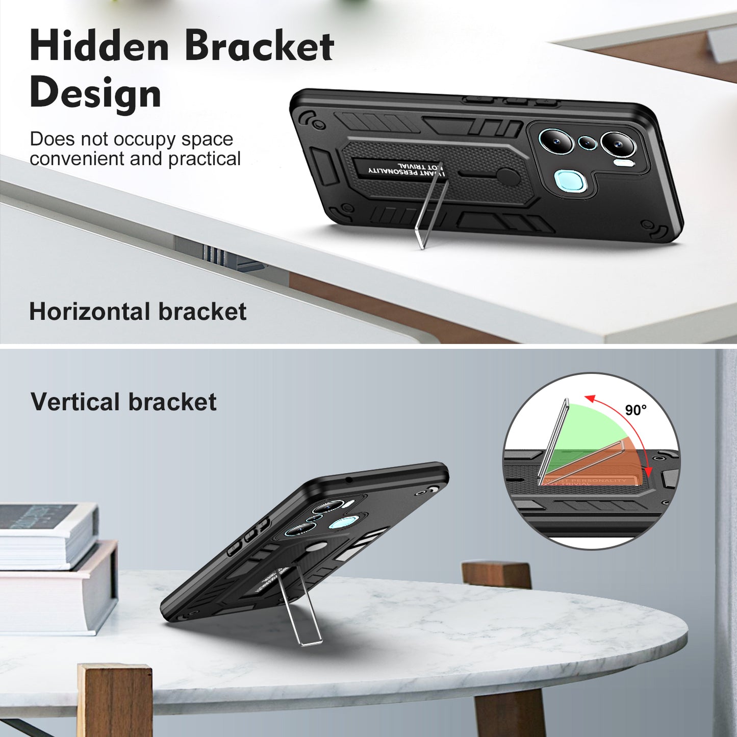 For Infinix Hot 20i 4G Kickstand Phone Case TPU+PC Protective Cover with Secure Silicone Ring Strap