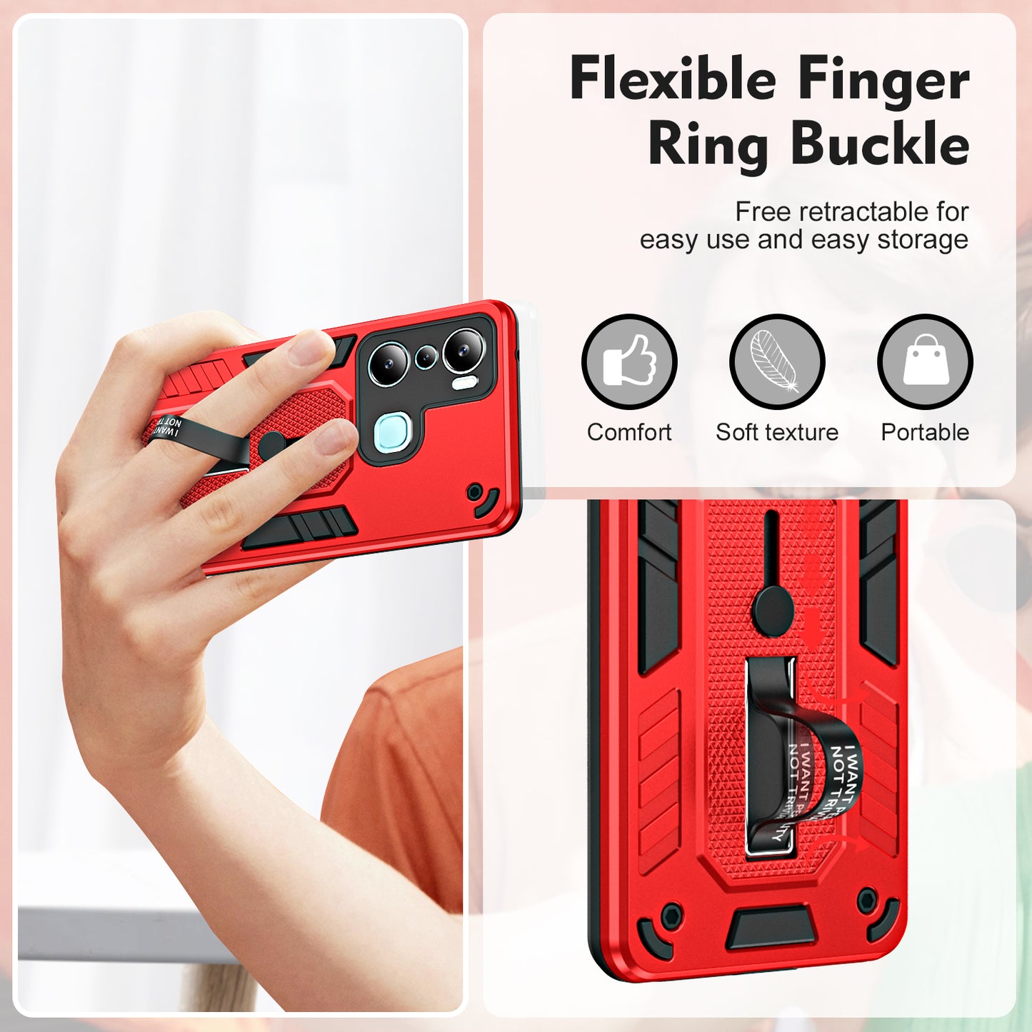 For Infinix Hot 20i 4G Kickstand Phone Case TPU+PC Protective Cover with Secure Silicone Ring Strap