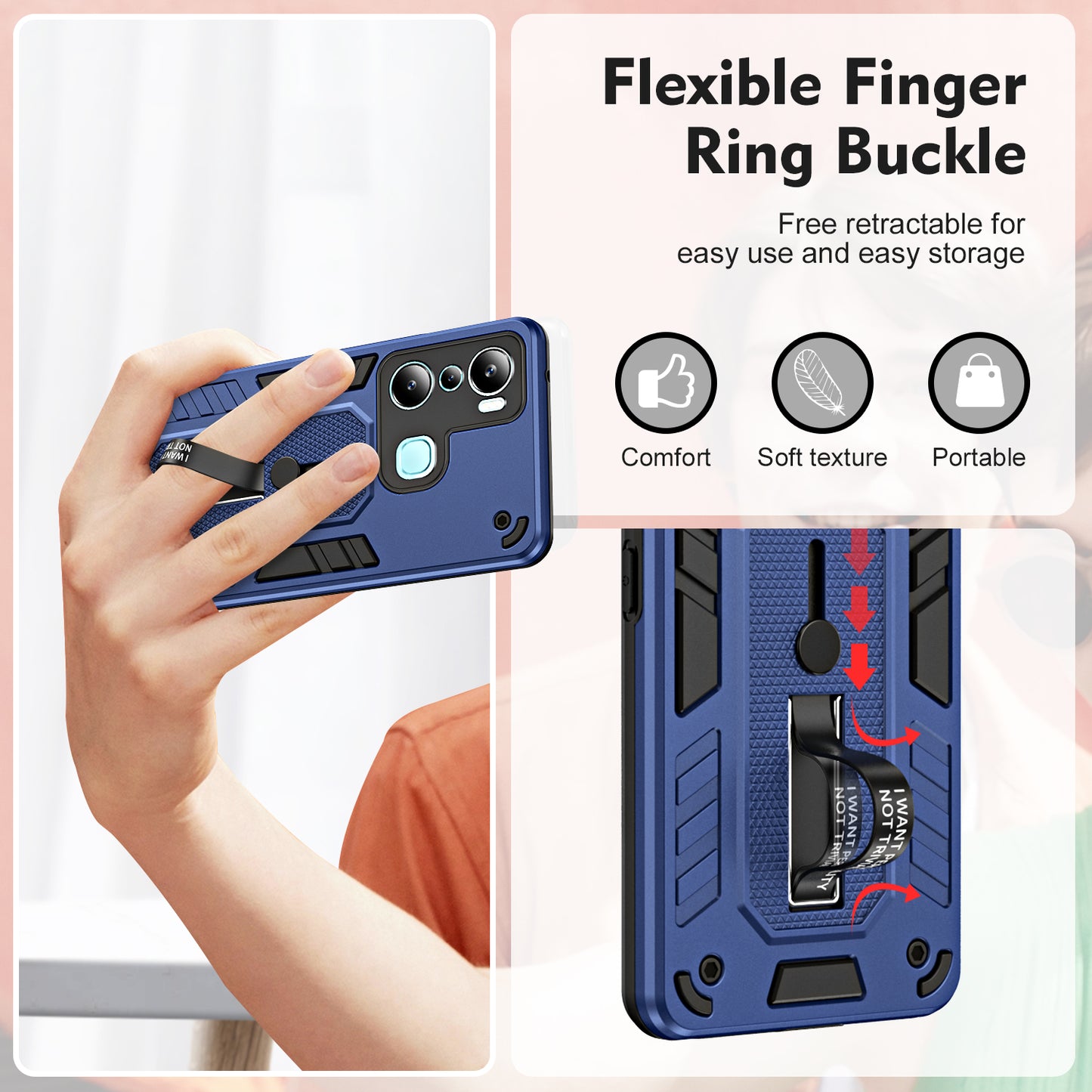 For Infinix Hot 20i 4G Kickstand Phone Case TPU+PC Protective Cover with Secure Silicone Ring Strap