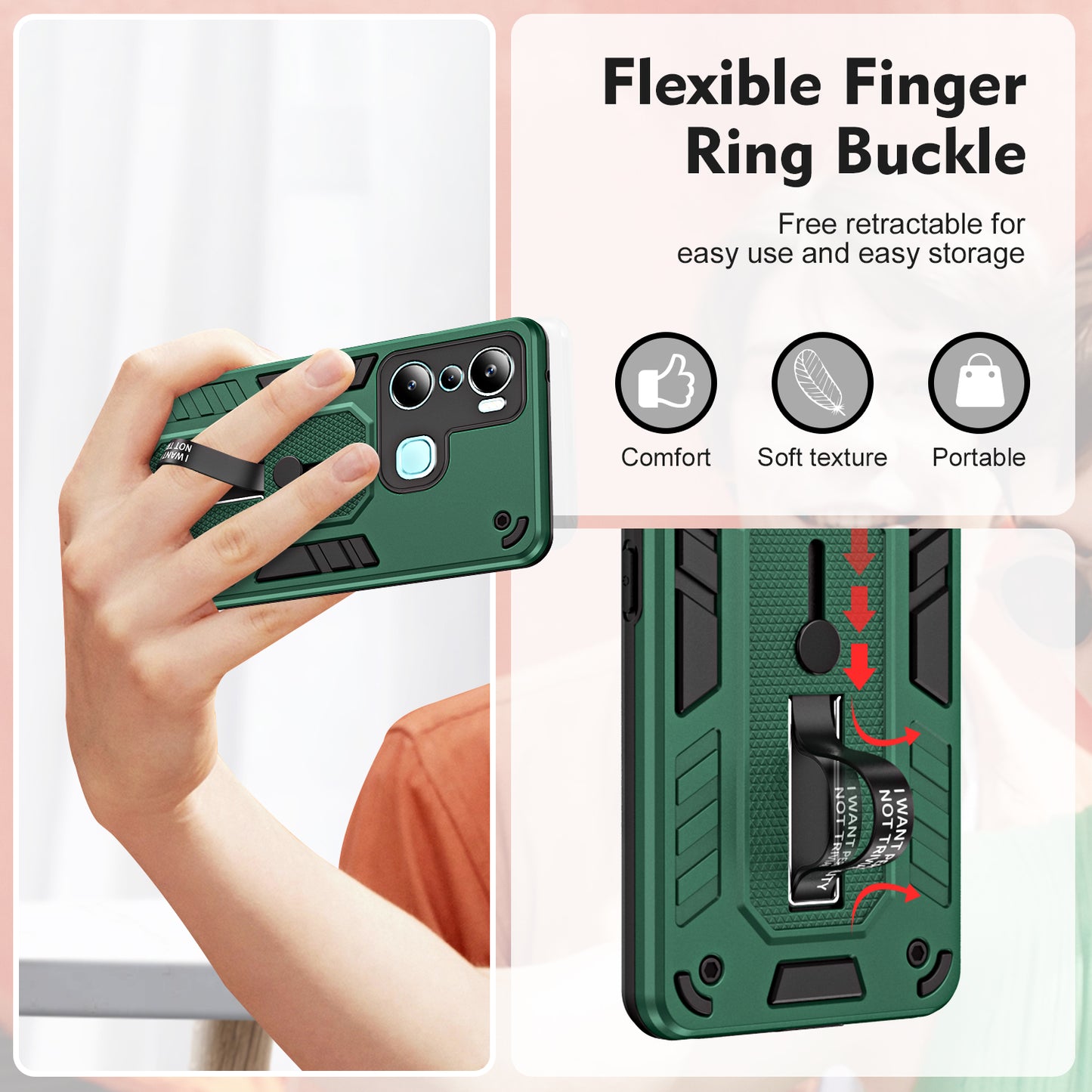 For Infinix Hot 20i 4G Kickstand Phone Case TPU+PC Protective Cover with Secure Silicone Ring Strap