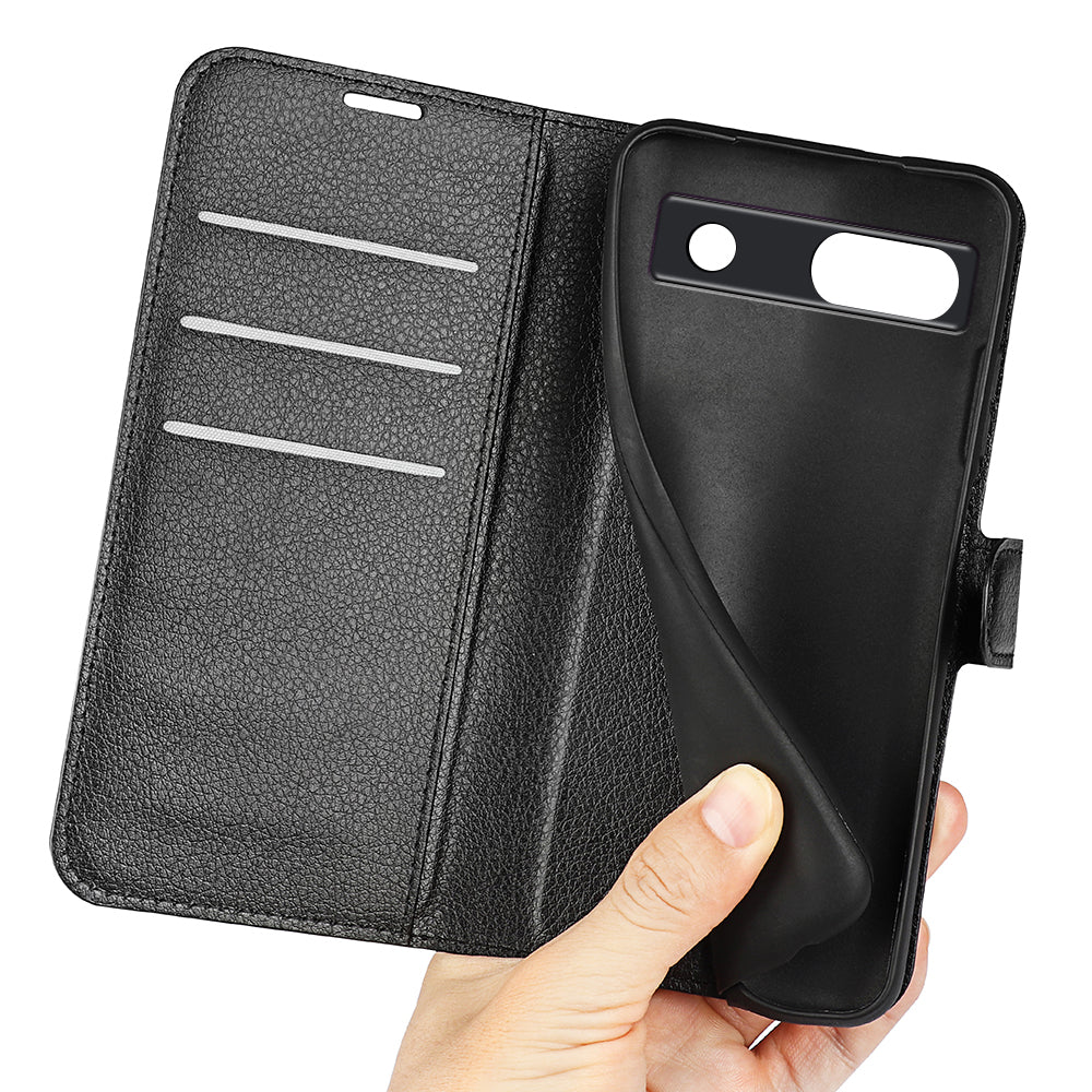 PU Leather Shell for Google Pixel 7a Drop-proof Litchi Texture Phone Case Wallet Stand Flip Cover