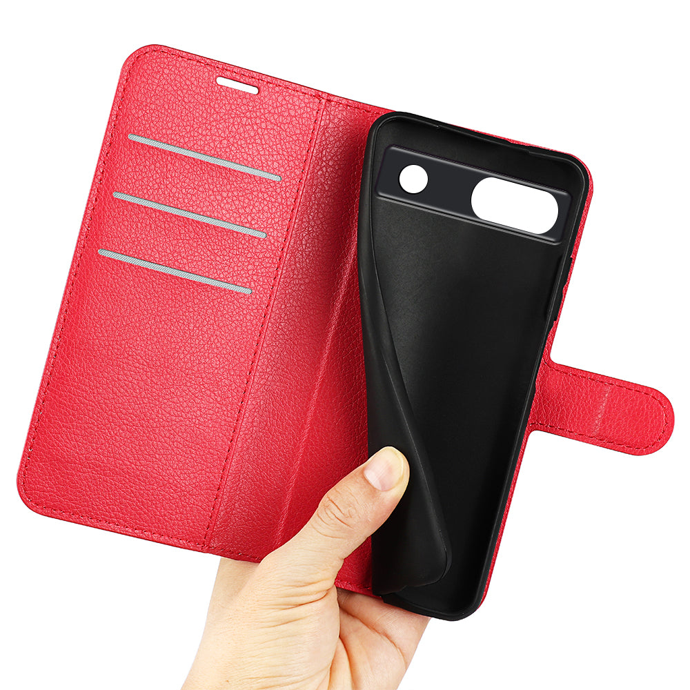 PU Leather Shell for Google Pixel 7a Drop-proof Litchi Texture Phone Case Wallet Stand Flip Cover