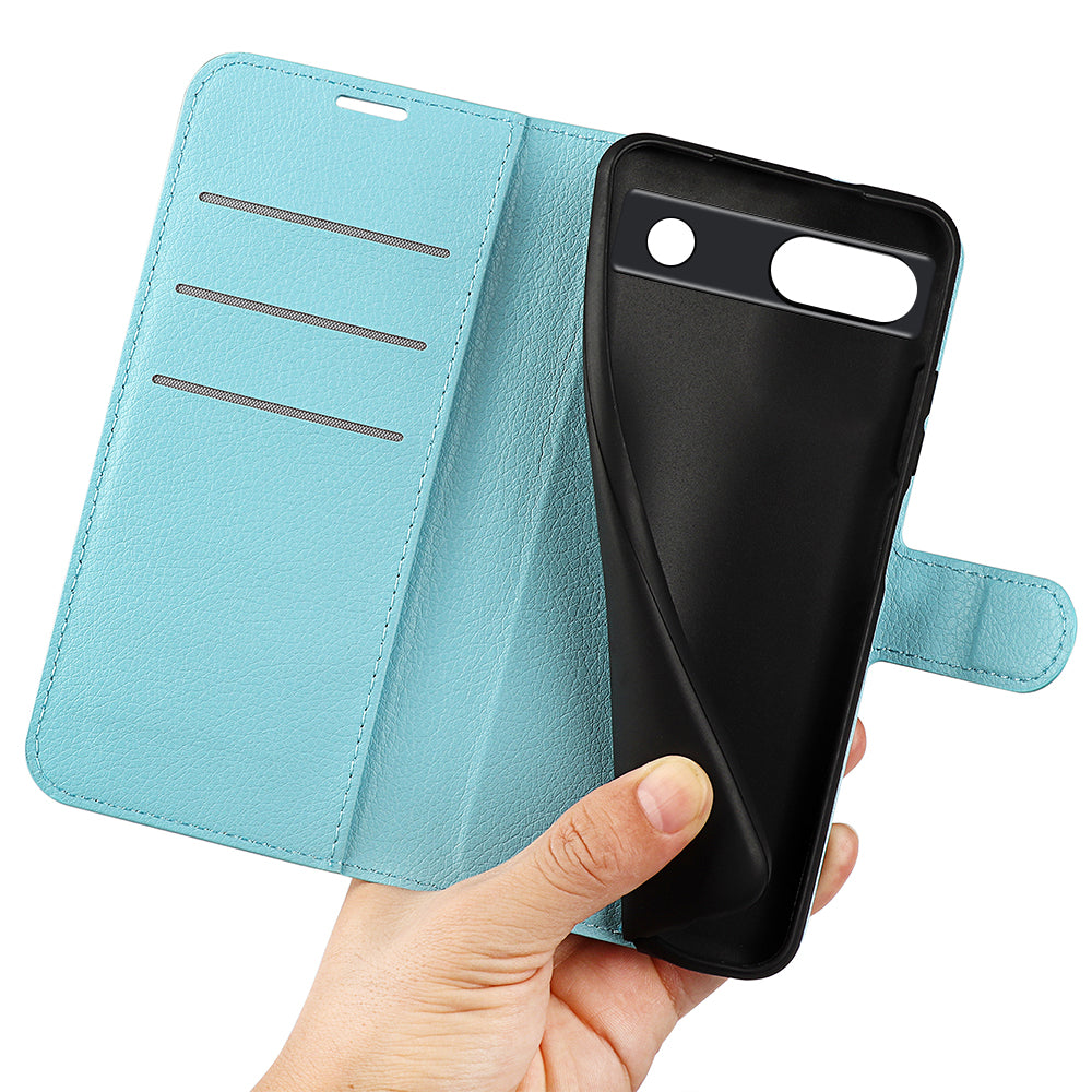 PU Leather Shell for Google Pixel 7a Drop-proof Litchi Texture Phone Case Wallet Stand Flip Cover