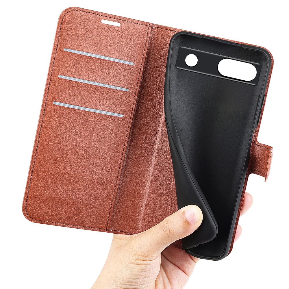 PU Leather Shell for Google Pixel 7a Drop-proof Litchi Texture Phone Case Wallet Stand Flip Cover