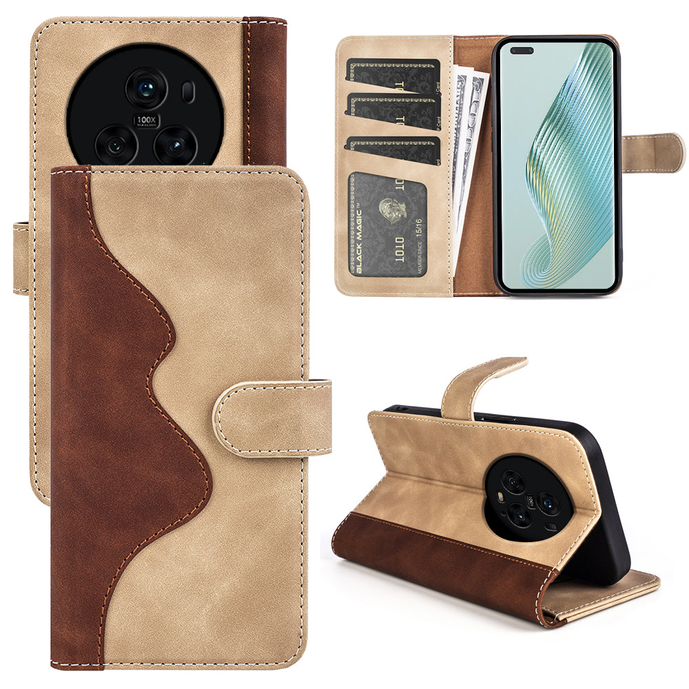 For Honor Magic5 Pro Leather Wallet Phone Cover Dual Color Splicing Shockproof Stand Mobile Case