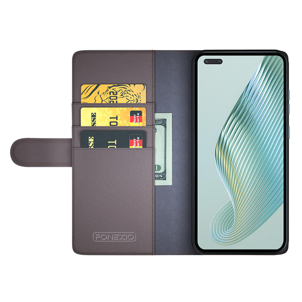 For Honor Magic5 Pro Genuine Cow Leather Phone Wallet Case Flip Stand Shockproof Cover