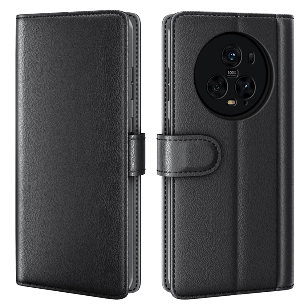 For Honor Magic5 Pro Genuine Cow Leather Phone Wallet Case Flip Stand Shockproof Cover