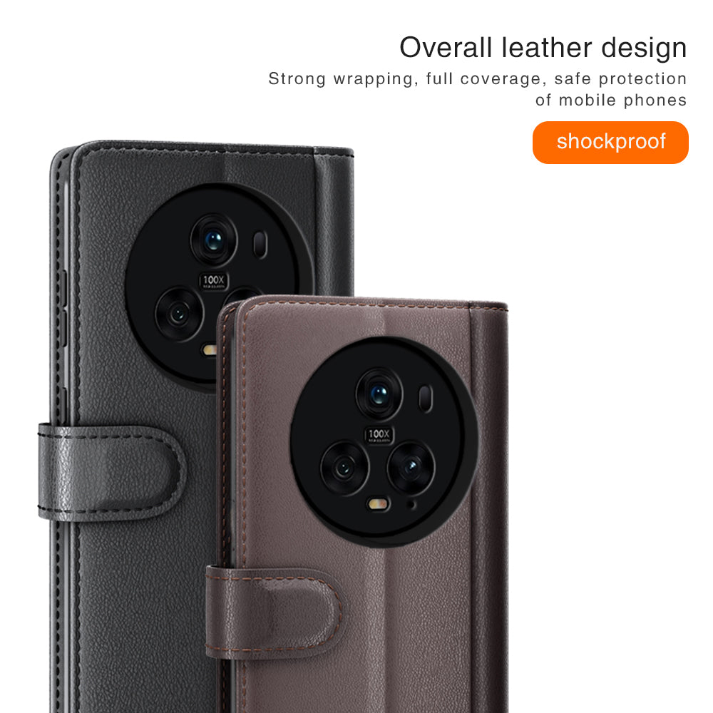 For Honor Magic5 Pro Genuine Cow Leather Phone Wallet Case Flip Stand Shockproof Cover