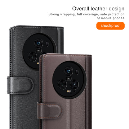 For Honor Magic5 Pro Genuine Cow Leather Phone Wallet Case Flip Stand Shockproof Cover