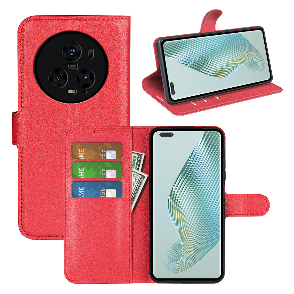 Wallet Stand Shell for Honor Magic5 Pro Litchi Texture PU Leather Phone Case Flip Cover