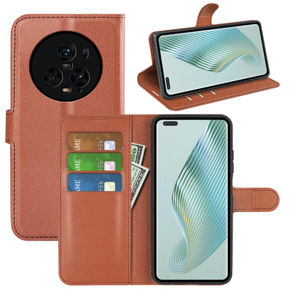 Wallet Stand Shell for Honor Magic5 Pro Litchi Texture PU Leather Phone Case Flip Cover