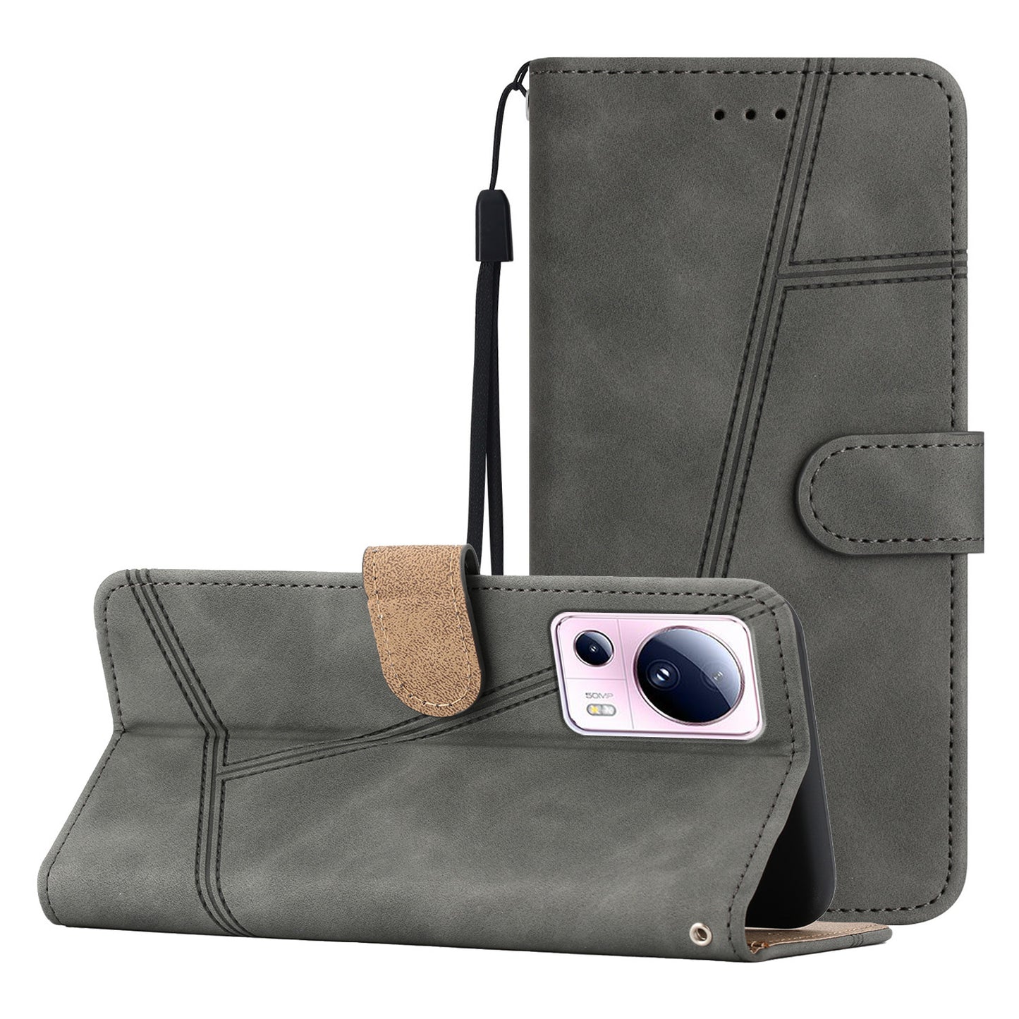 For Xiaomi 13 Lite / Civi 2 5G Skin-touch Imprinted Line Cover PU Leather Phone Shell with Wallet Stand